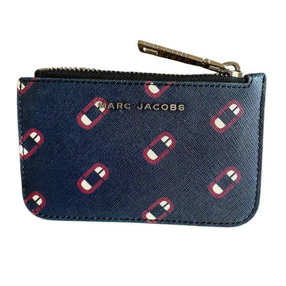 MARC JACOBS Navy Leather Double J Scream Logo Print Silver Key Ring Card Wallet - Picture 2 of 7